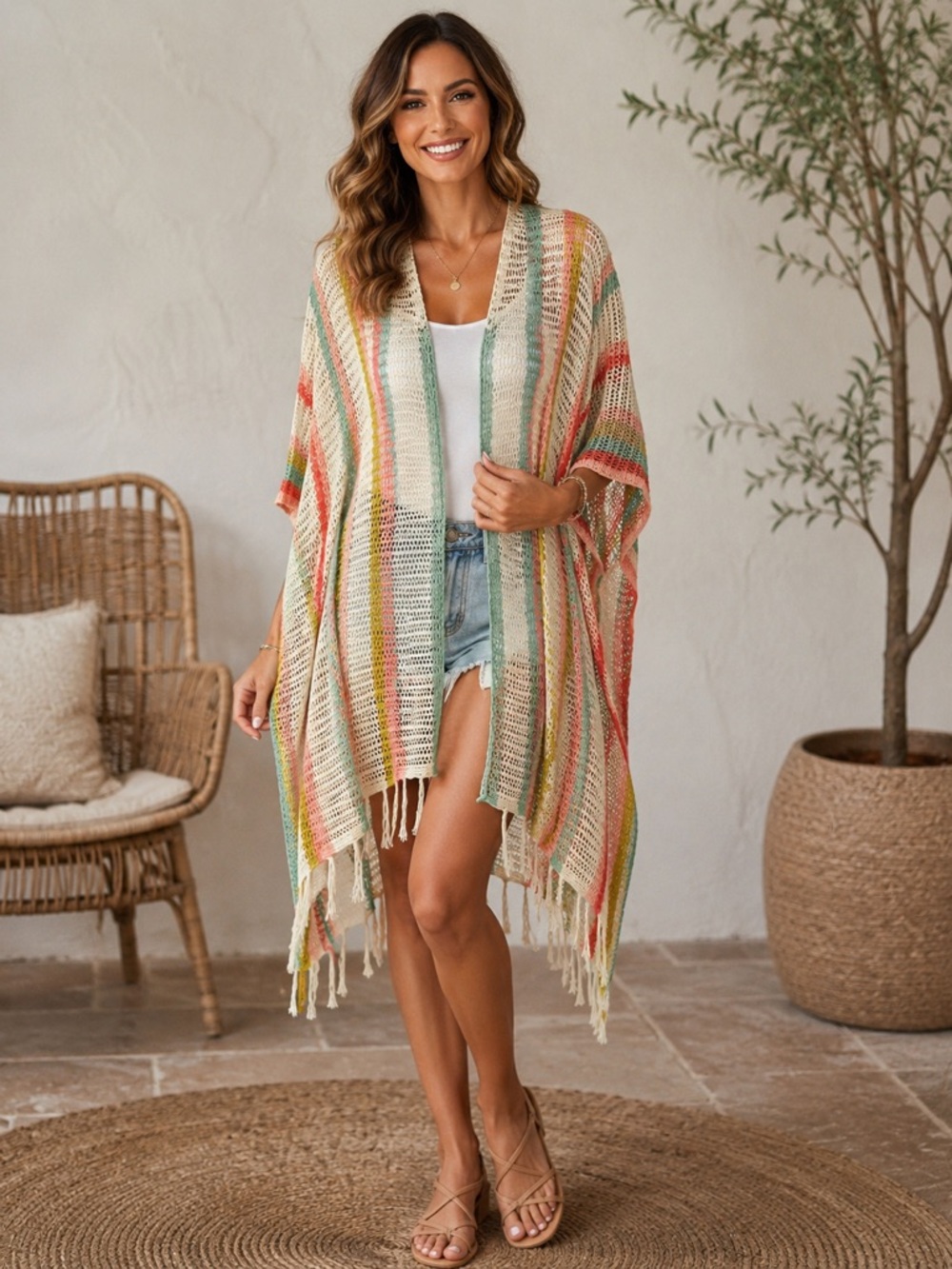 Hem & Thread Pastel Striped Open Knit Cardigan in Mint, Coral, Yellow & Cream